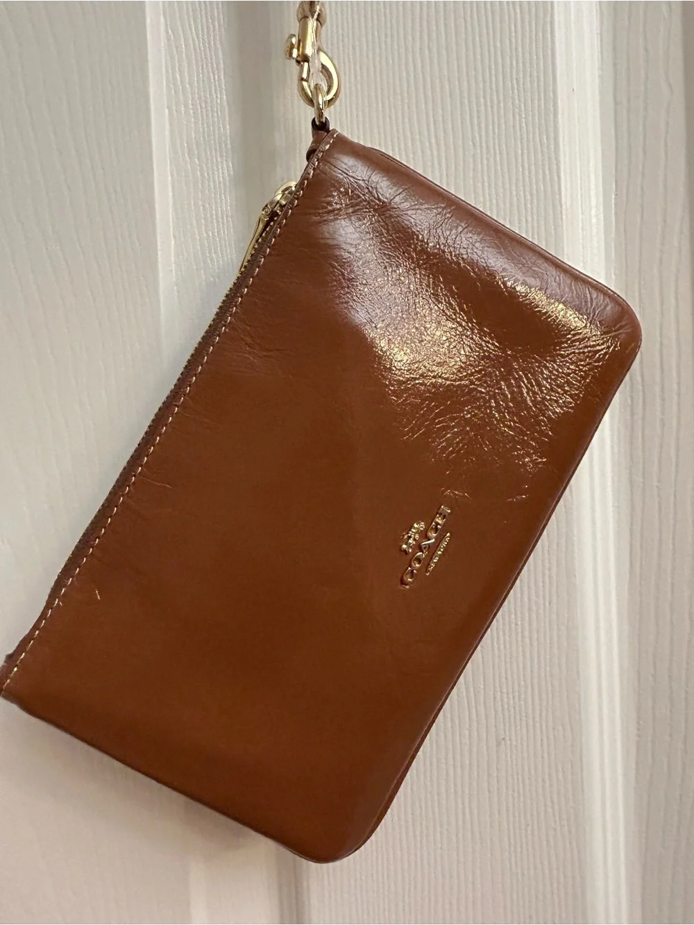 Coach Brown and Cream Leather Checker Wristlet with Buckle